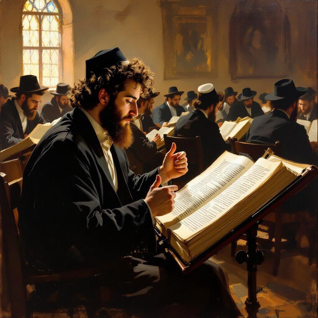 Yeshiva Students Studying Talmud in Dramatic Light