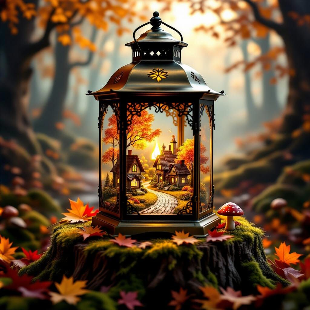 Enchanted Autumn Lantern With Miniature Village Glow