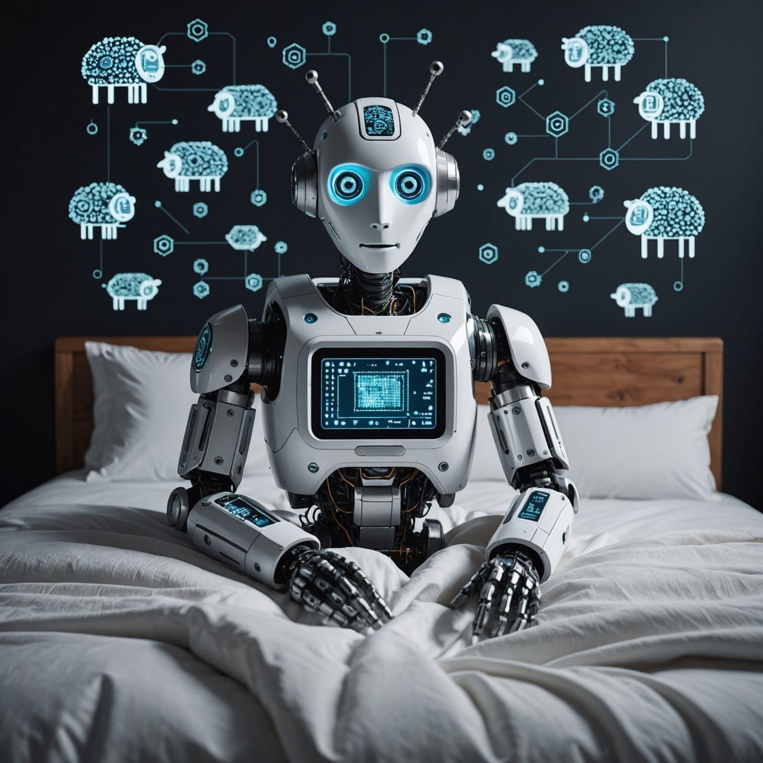 Binary Code Dream robot in bed counting digitized sheep holo...