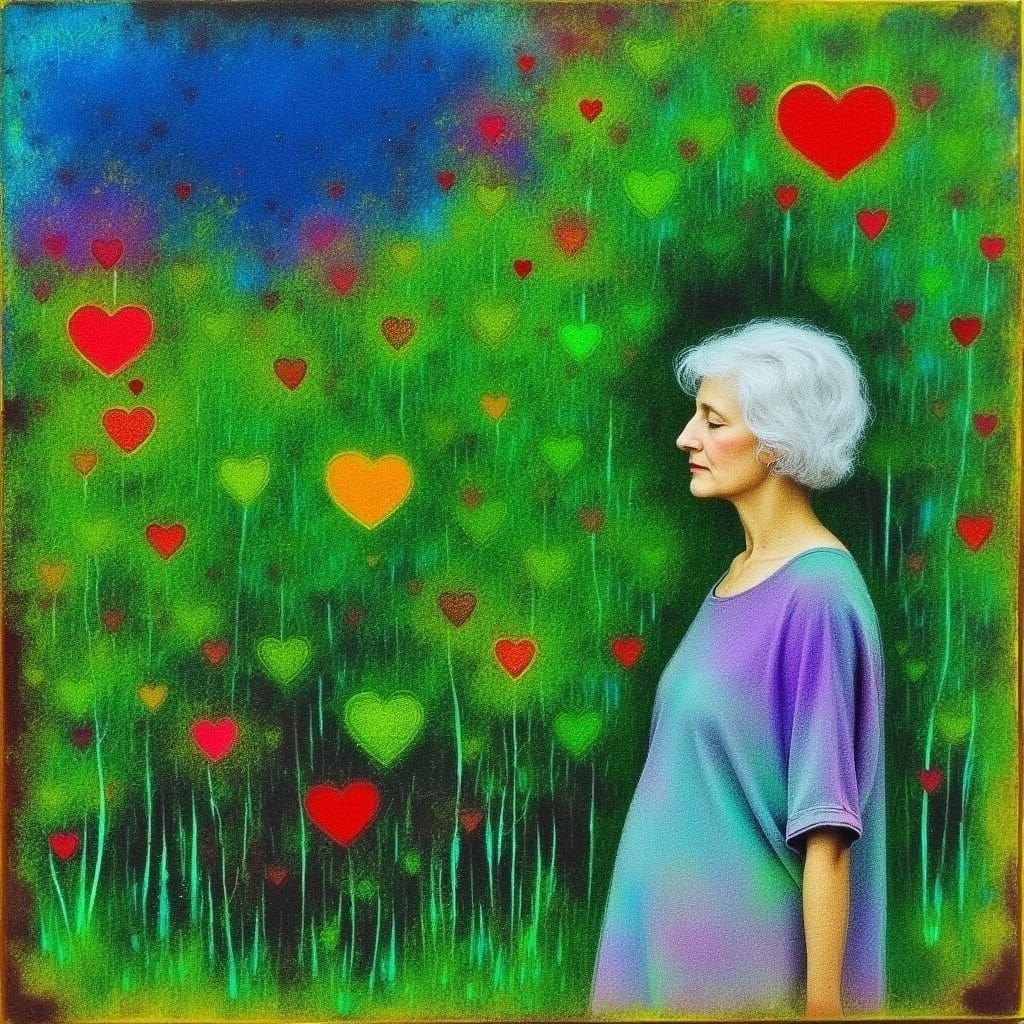 <lora:Heart Work:1.0> Heart imagine a warm summer night where an older woman is calmly walking by an English hedgerow. She is captured in th...