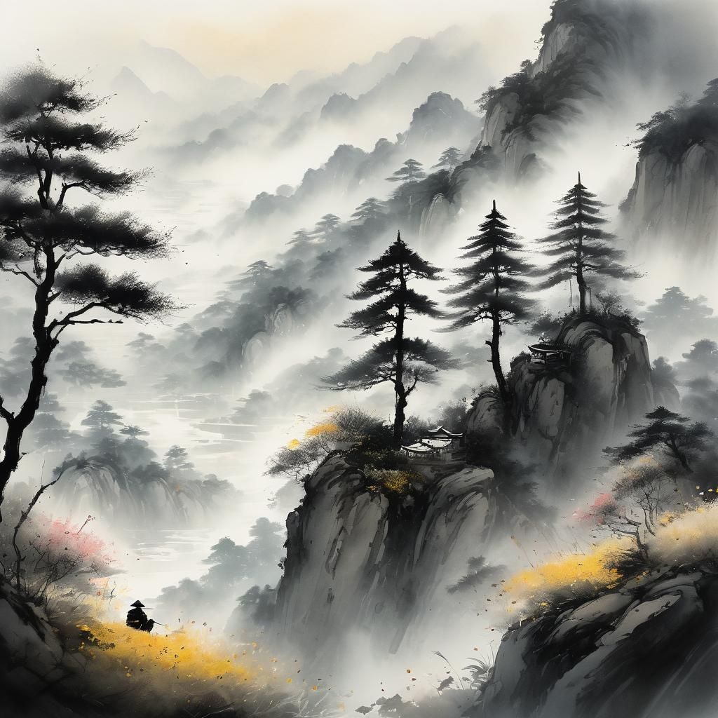 Serene Chinese Landscape Painter in Ink Wash Style