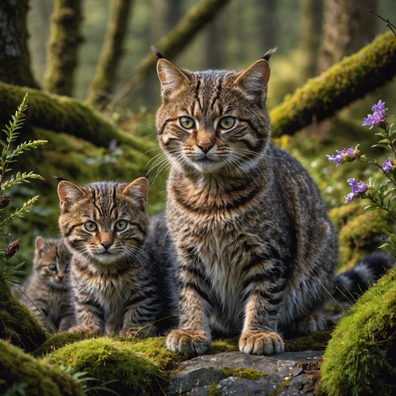 Adorable Scottish Wildcat and Kittens in their natural habit...