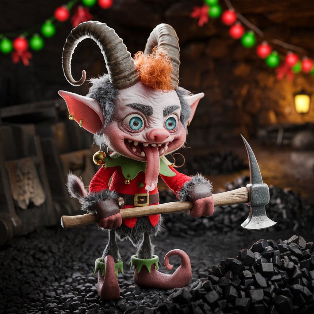 A Krampus elf mining coal for Santa