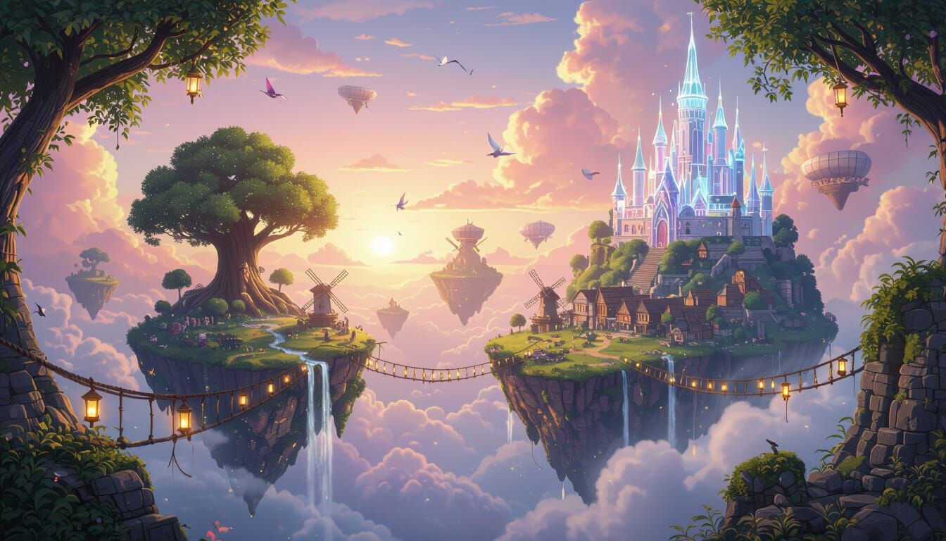 A magical fantasy landscape of floating islands drifting in the sky, connected by glowing rope bridges ...  by @AllAboutEveryone