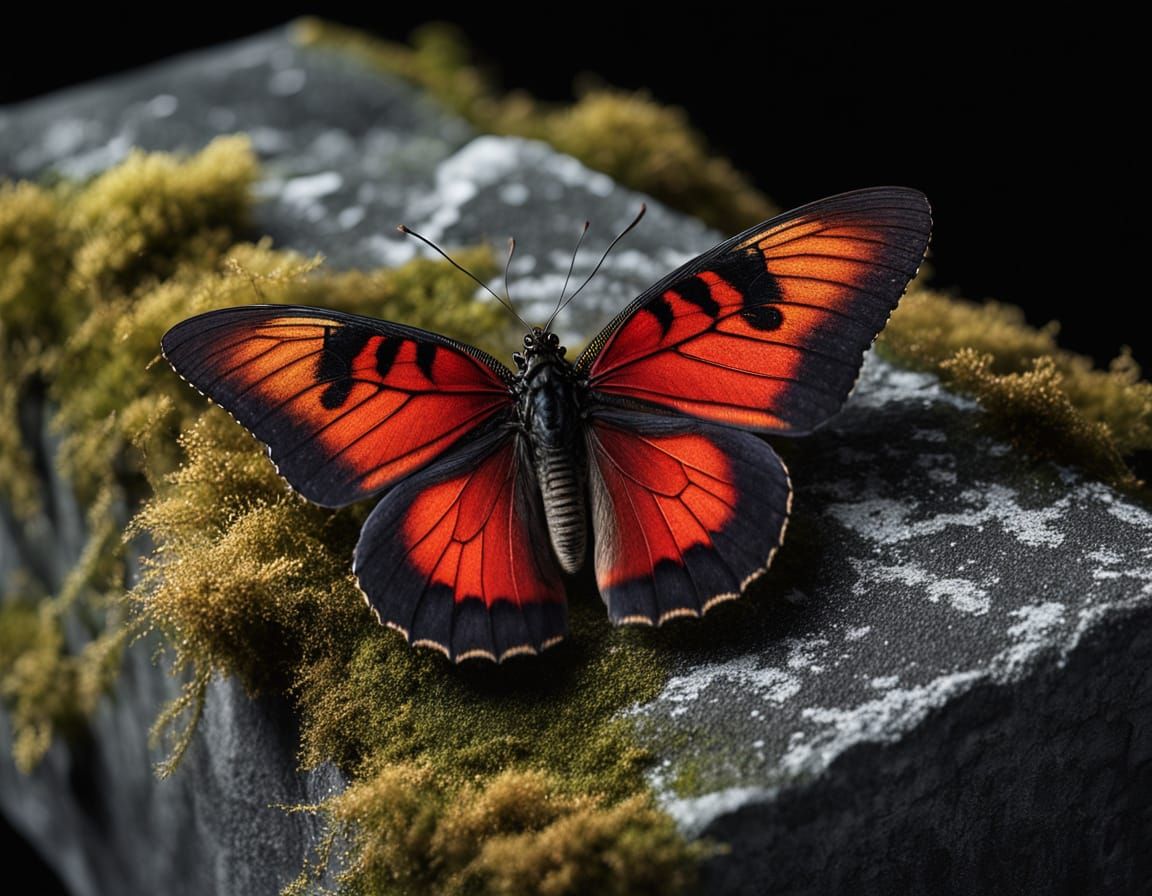 Photorealistic macro image of a blood red and black winged butterfly with shimmering gold outlining the ...  by @Jam3y