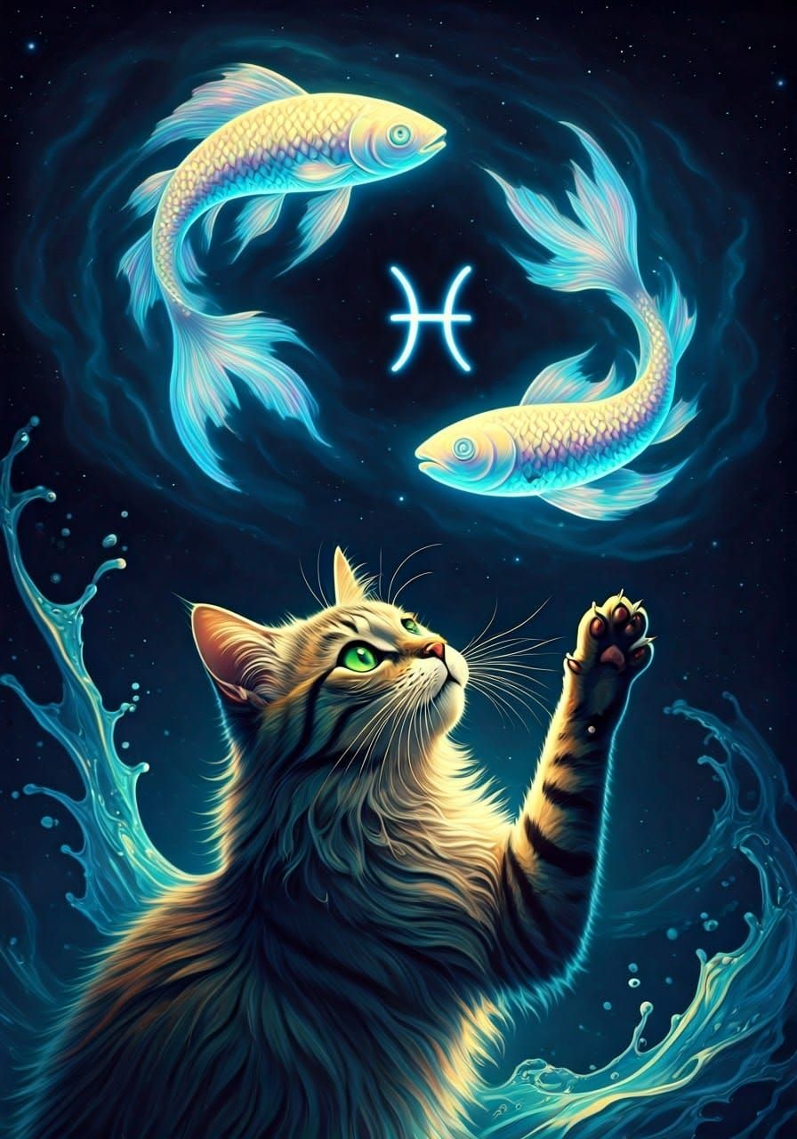 Pisces formed by two fish swimming in the air. The cat looks up and stretches out his hand. Dreamy and ...  by @HIKER