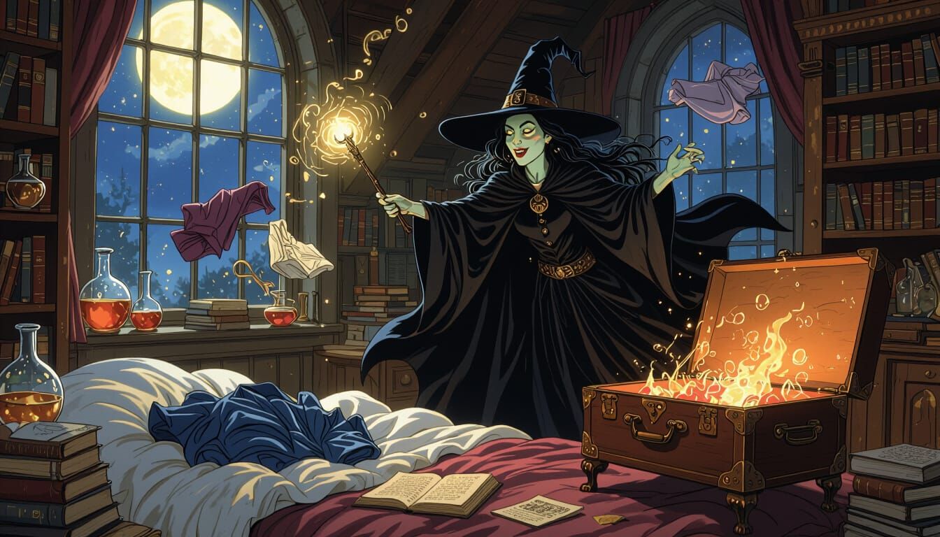 A witch waving a wand in the air and making her clothes pack themselves from the bed into a suitcase.