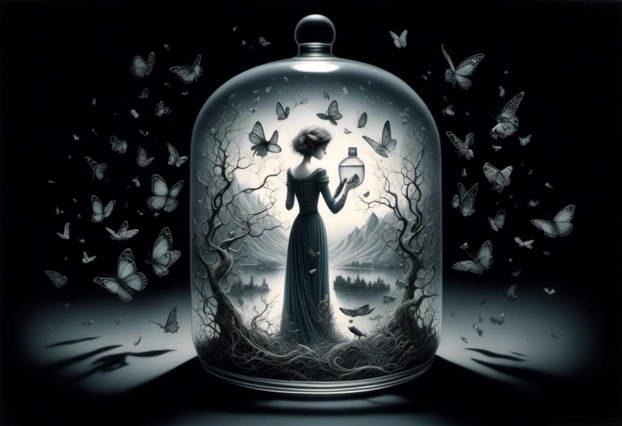 <lora:Art Jars:1.0> Art in a bottle, Daniel Merriam, double exposure,  ink wash and fine liner, surrealism, the essence of life trapped and...