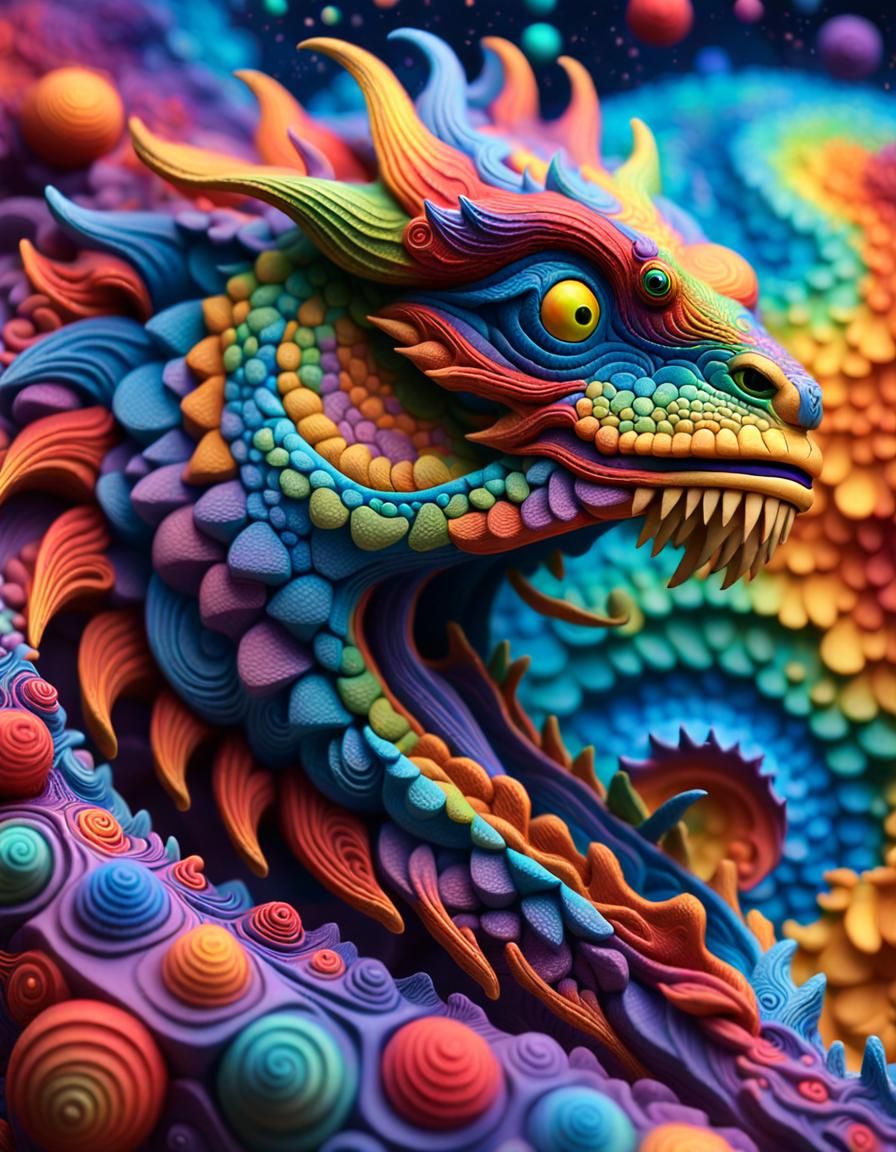 Psychedelic Claymation Dragon in Fractal Galaxy