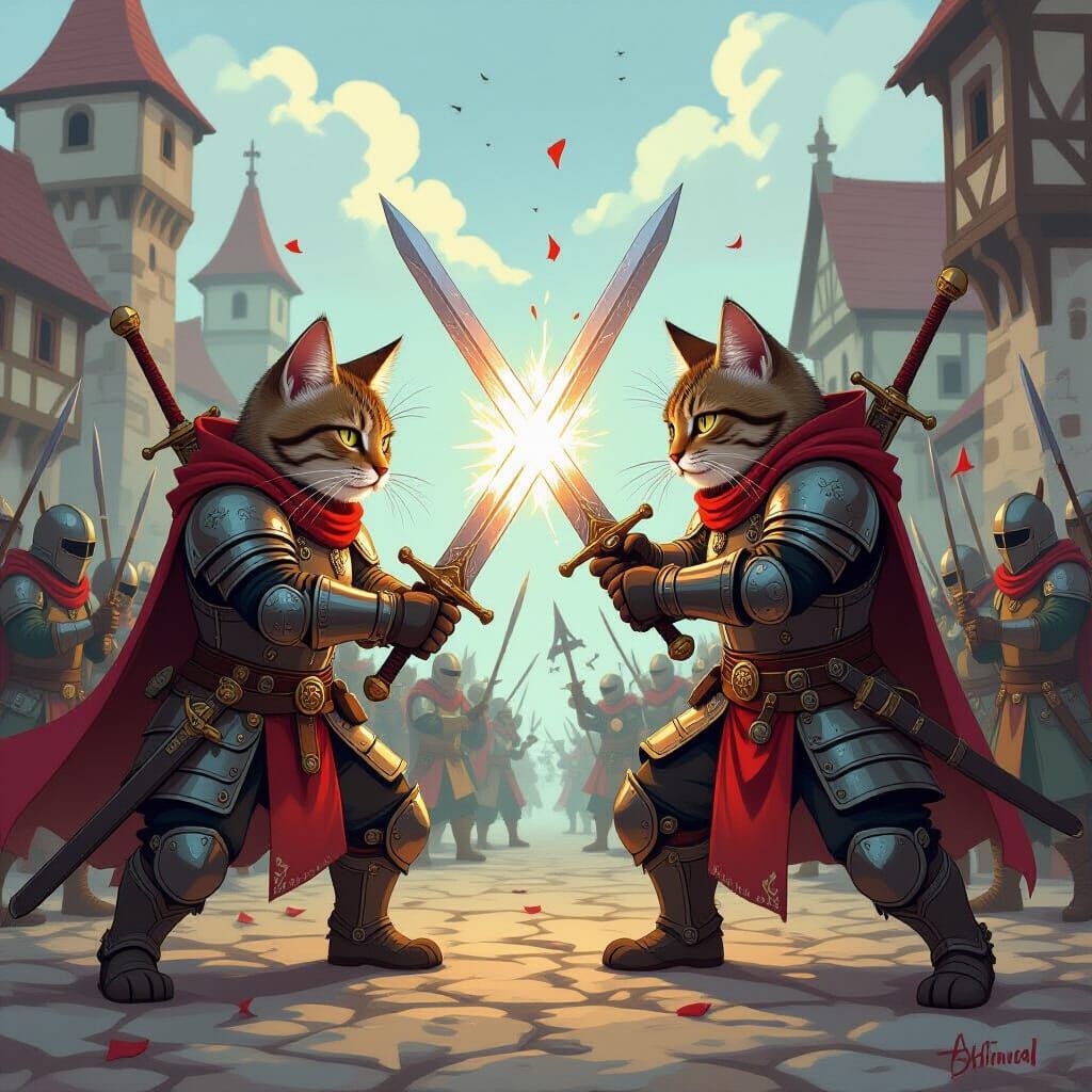 Armored Cats Clash Swords in Medieval Battle