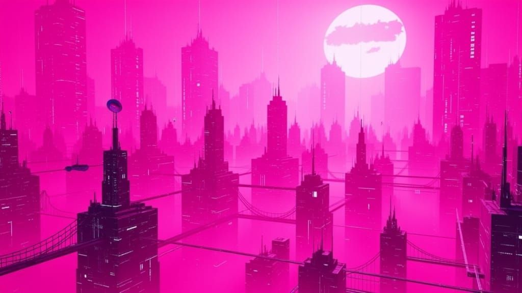 <lora:Sector Six:1.0> A hyper vivid cityscape composed of dystopian buildings surrounded by pink fog with a light shining through it, bright...