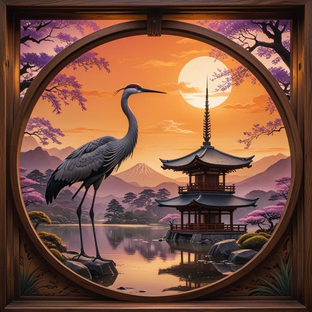 Serene Crane in Traditional Japanese Landscape