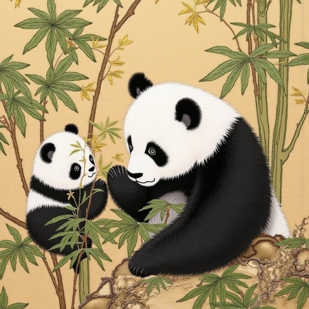 mother panda and a panda cub eating bamboo