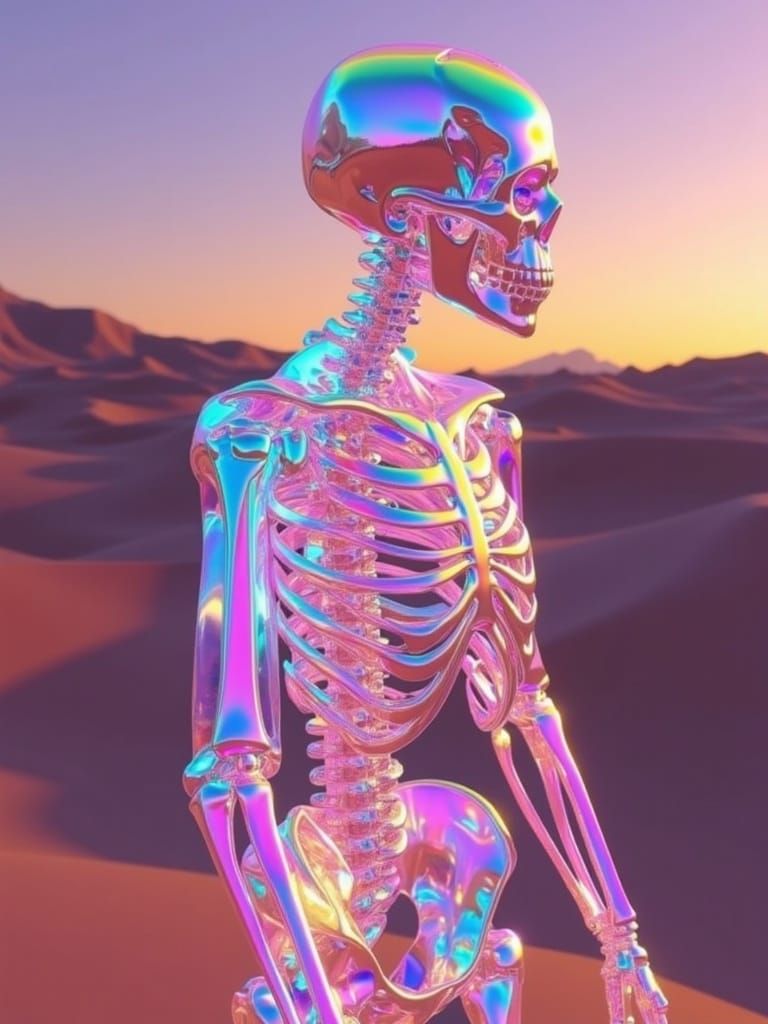 Holographic  <lora:Holographic:1.0>  crystal skeleton in a pastel desert photorealism hyperrealism 8K resolution dynamic lighting sharp focu...