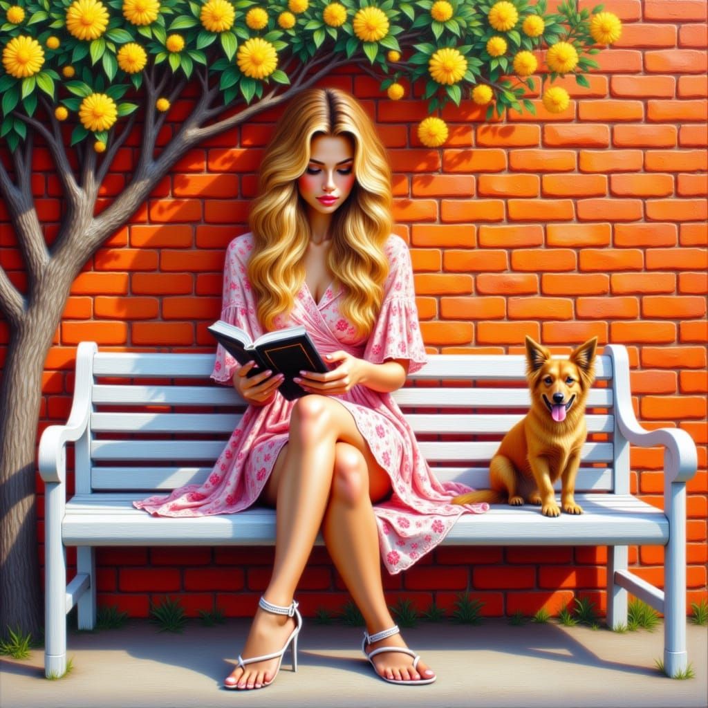 <lora:Beautiful Art Flux:1.0> a realistic oil painting with thick impasto brushstrokes showing a beautiful white wooden bench on an orange b...