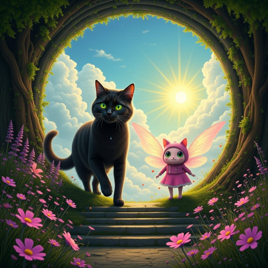 Albus The Cat, and a Sunfairy bot, stepping out of a portal, in the style of <trigger><lora:Mischievous Albus:1.0>