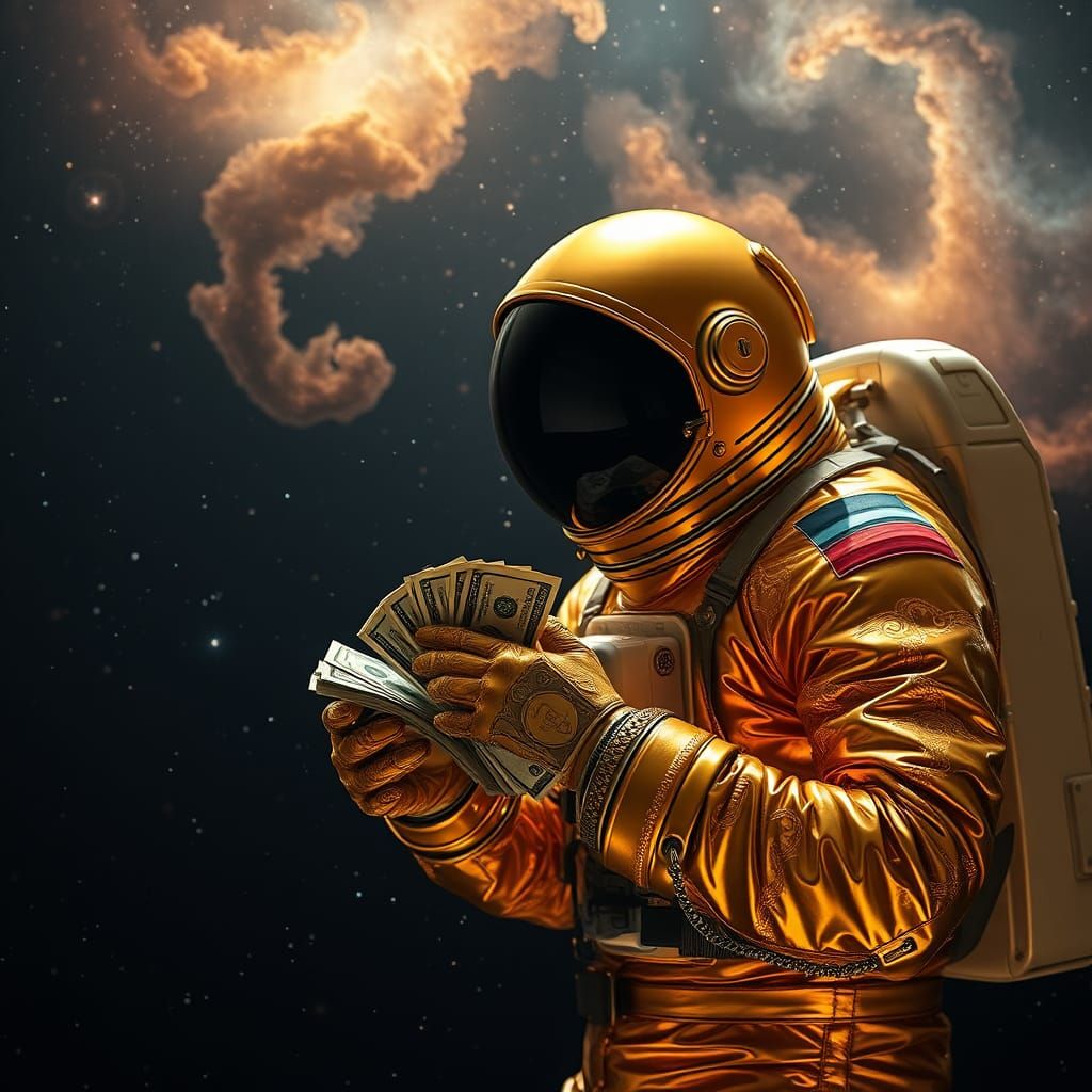 astronauta com traje de ouro contando dinheiro no espaço 