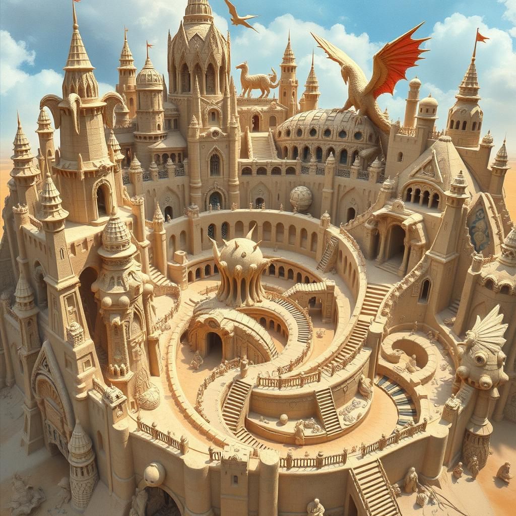 A maze sand castle, with mythic sculptures, stunning, awesome. Watercolors and alcohol ink in perfect ...  by @Wesly 