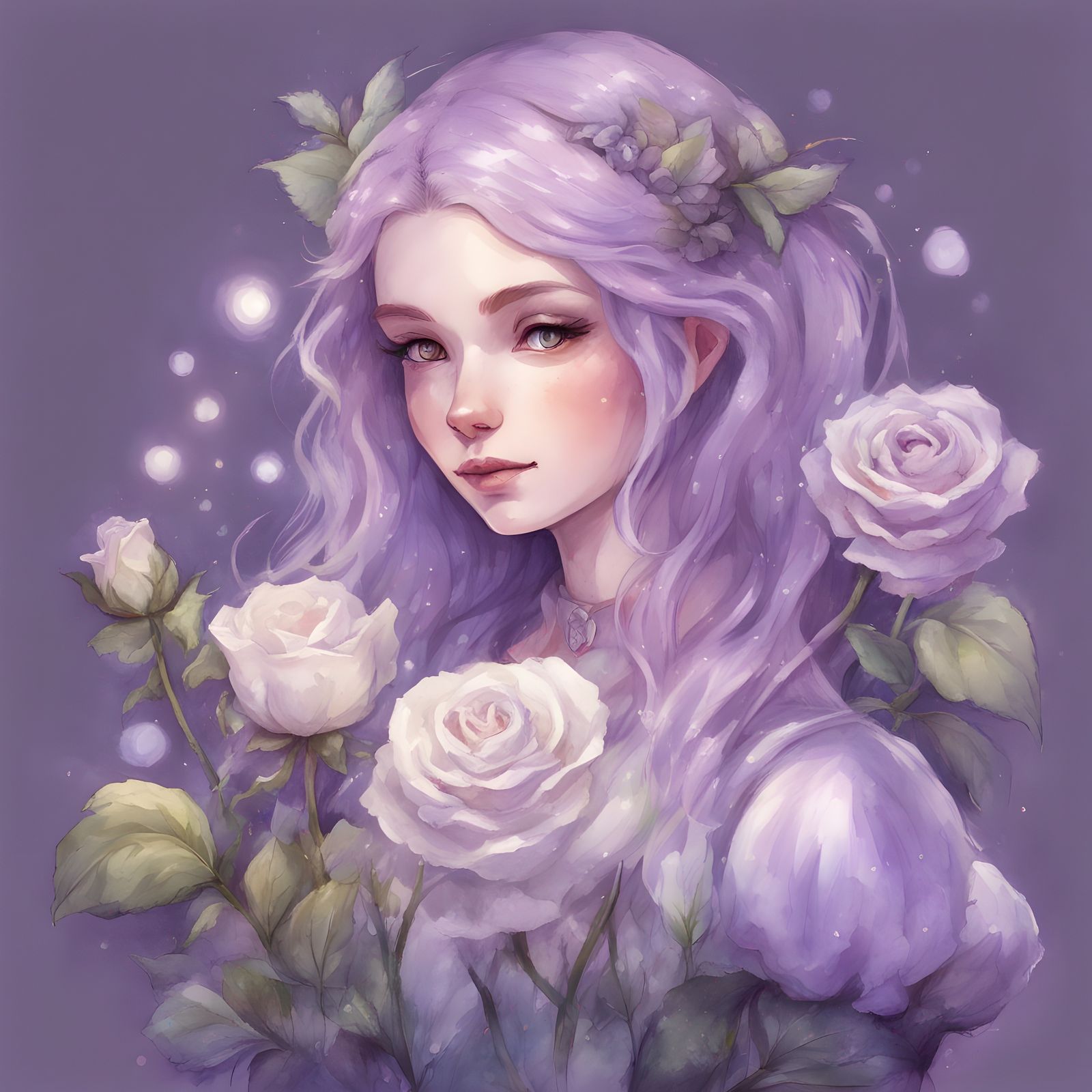 Violet Girl and White Roses