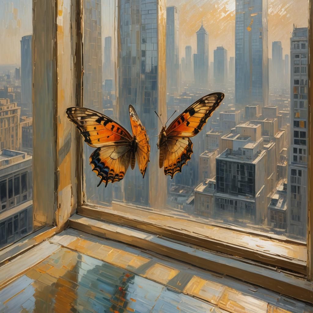 Butterfly on 35th Floor Window: Impressionist Painting