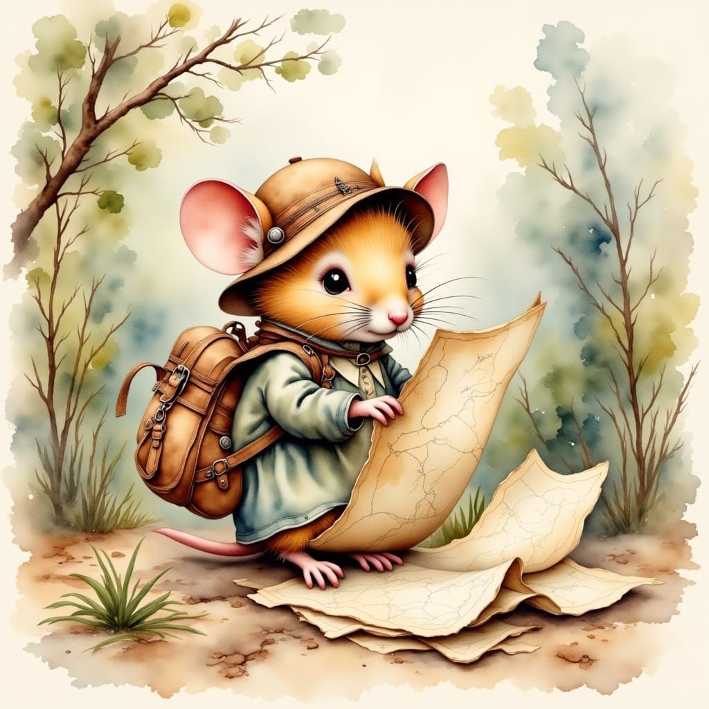 <lora:Antique Watercolor 2:1.0> cute adorable little explorer mouse reading a map gritty grunge antique watercolor style with a touch of Im...