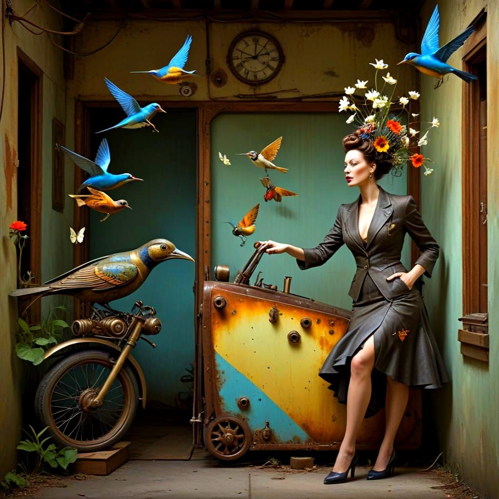 Surrealistic Scene of Happy Ladies in a Whimsical Steampunk ...