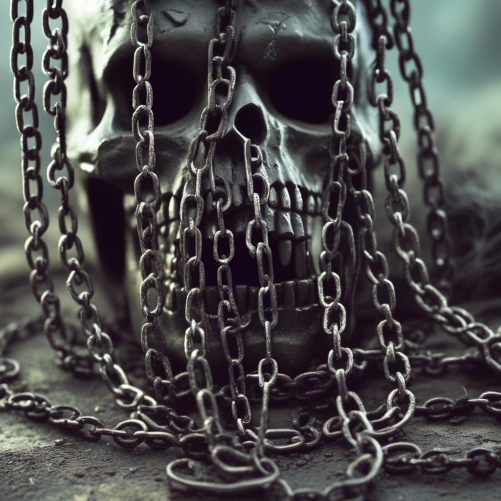 surreal surroundings, Grainy, feeling of dread, terrifying footage, close-up, haunted, cultist, satanic, 666, bokeh chains, light dust, leat...