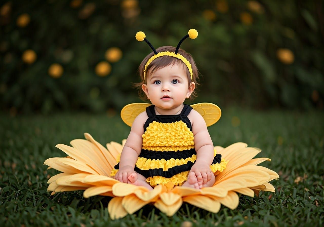 Cute Baby Girl in Bee Costume Sits on Giant Flower