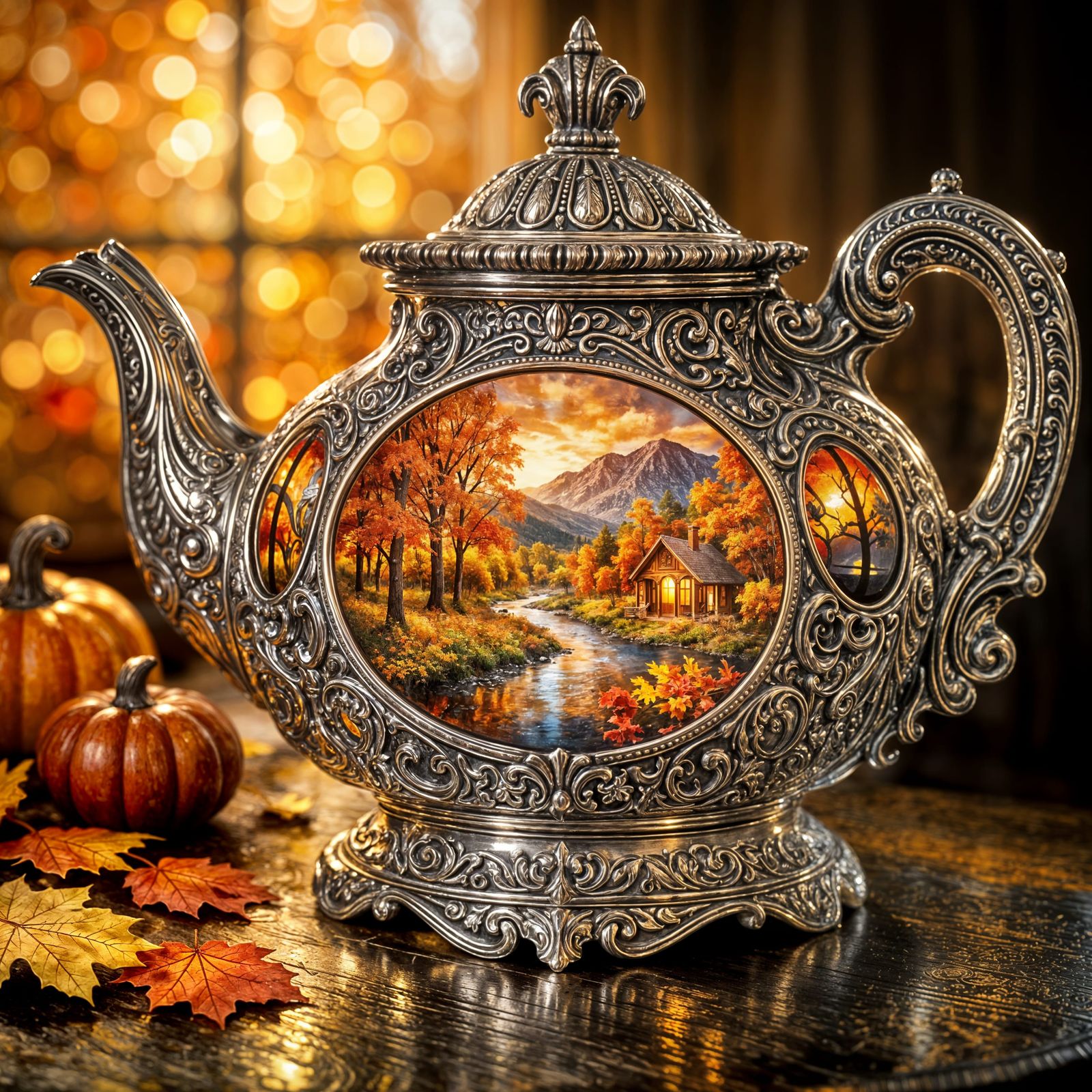 "Ultra-detailed Macro Photography of an Ornate Sterling Silver Teapot in a Baroque or Art Nouveau style. ...  by @Chaim