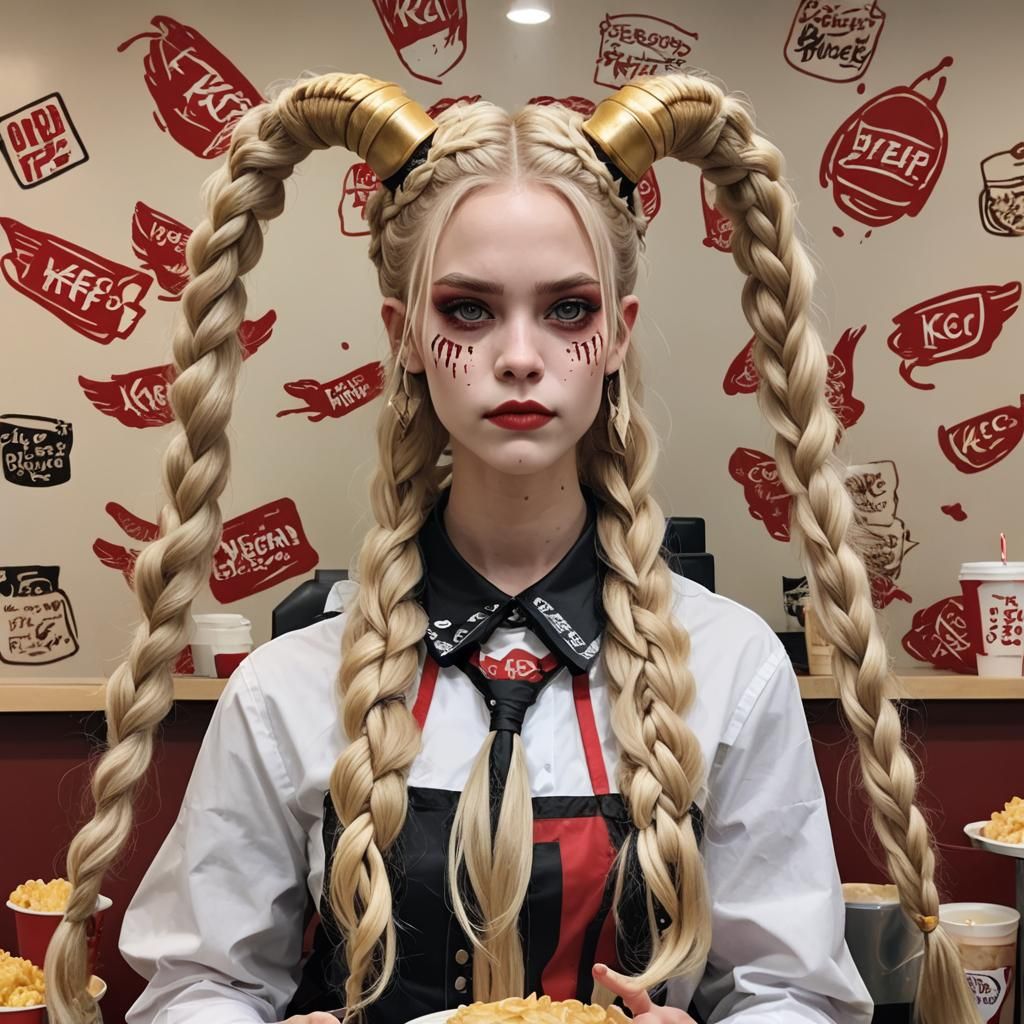 Demon long blonde braids horns wings
Working at kfc