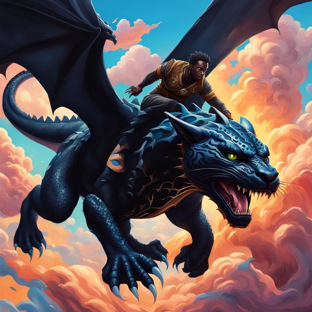 Dragon flying through the sky with a black panther sitting on him