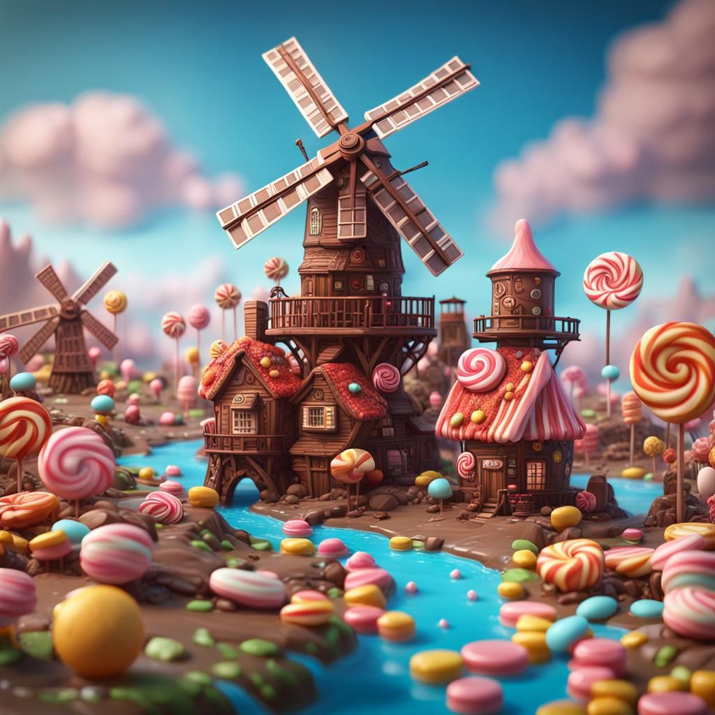 tiny city made from candy with a chocolate creek and windmill made from lollipops  by @MobileHysteria