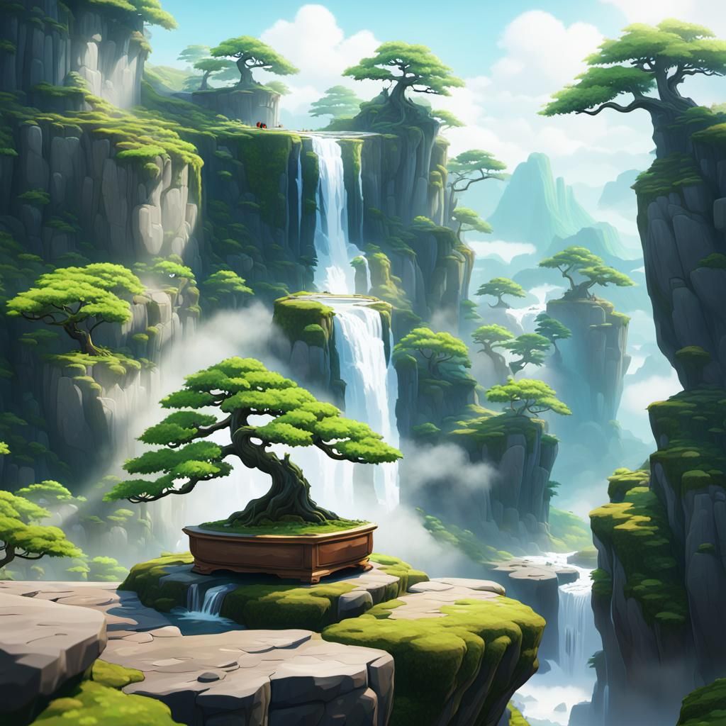 Bonsai tree sitting on a cliff ledge surrounded by cliffs mo...