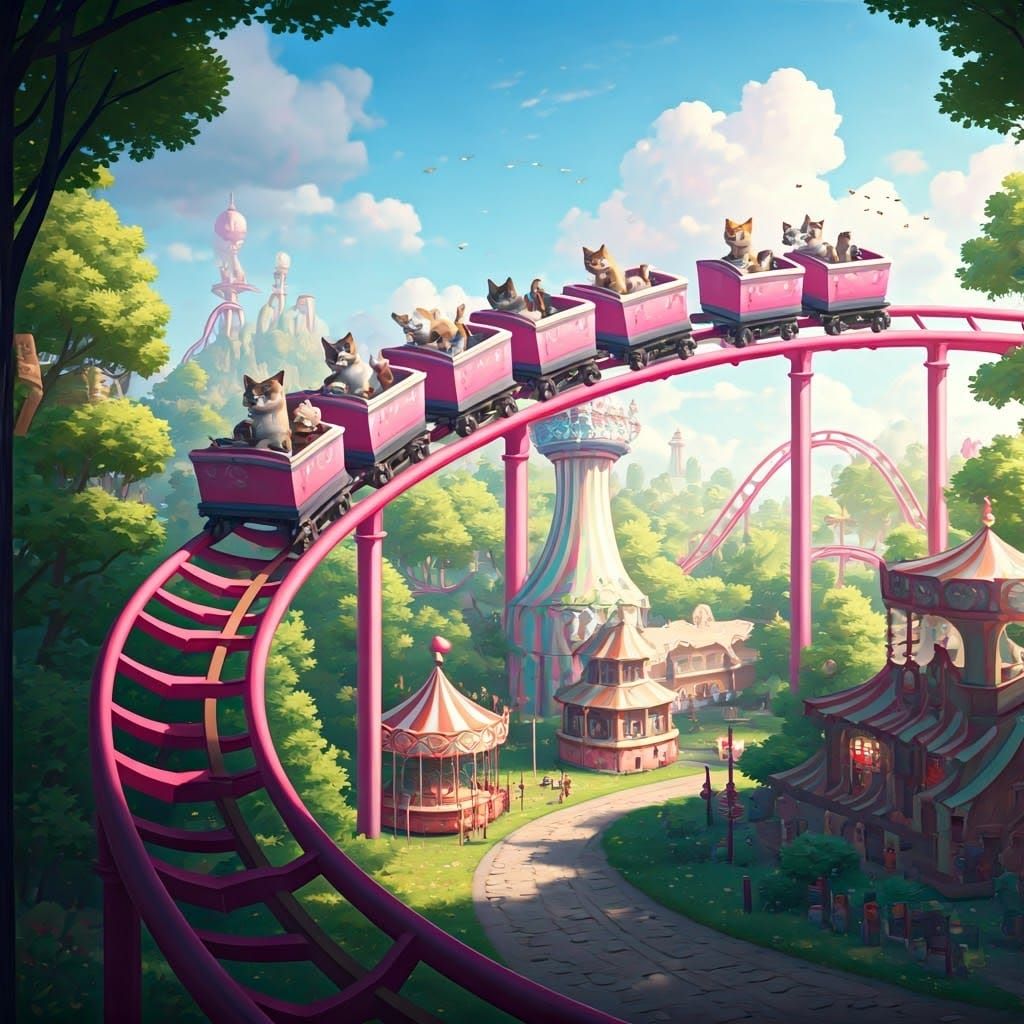 Pink Rollercoaster in Whimsical Cat Park, Fantasy Art