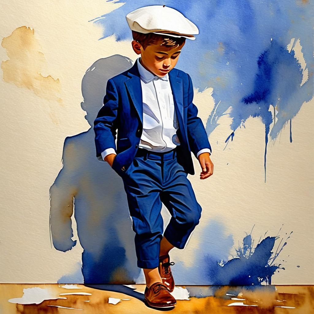 Boy in Traditional Attire with Bright Watercolor Style and I...