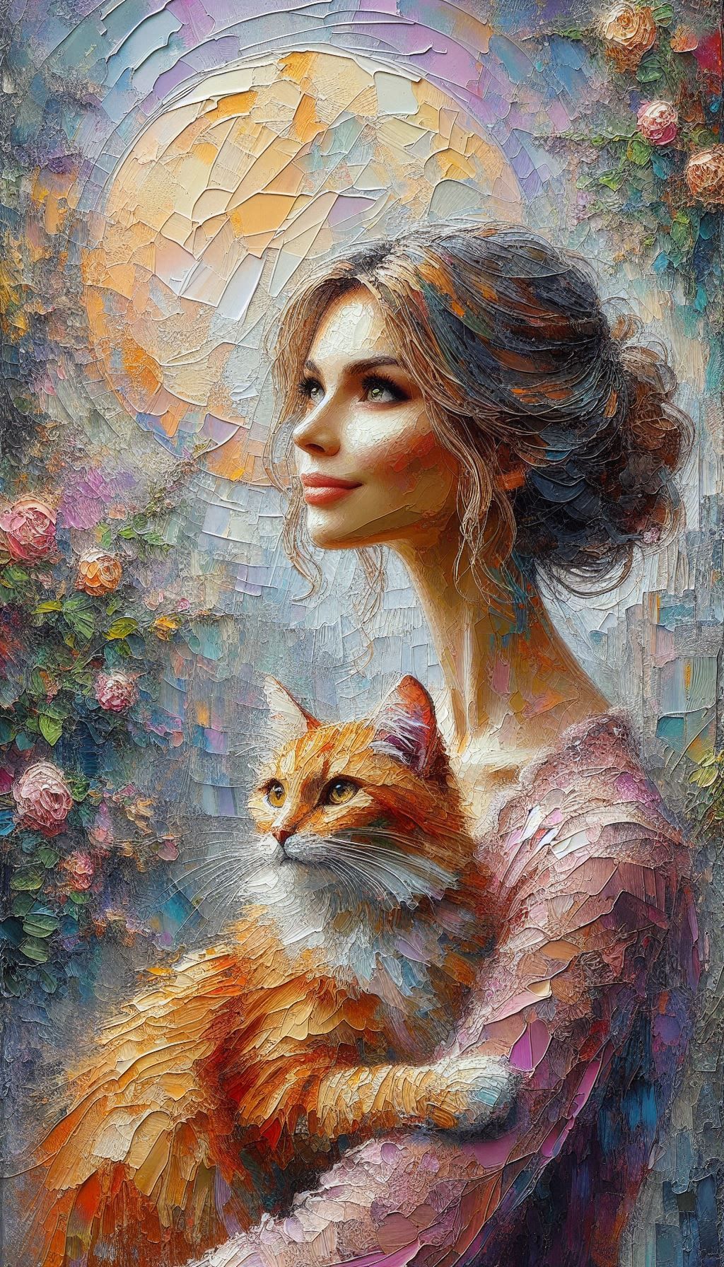 Impasto painting, woman and her cat
