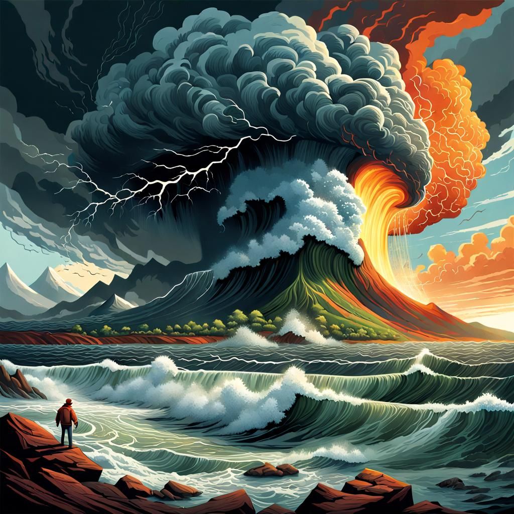 Dramatic illustrations featuring powerful natural phenomena, such as storms, tornadoes, volcanic eruptions, ...  by @Ivanwhw_509