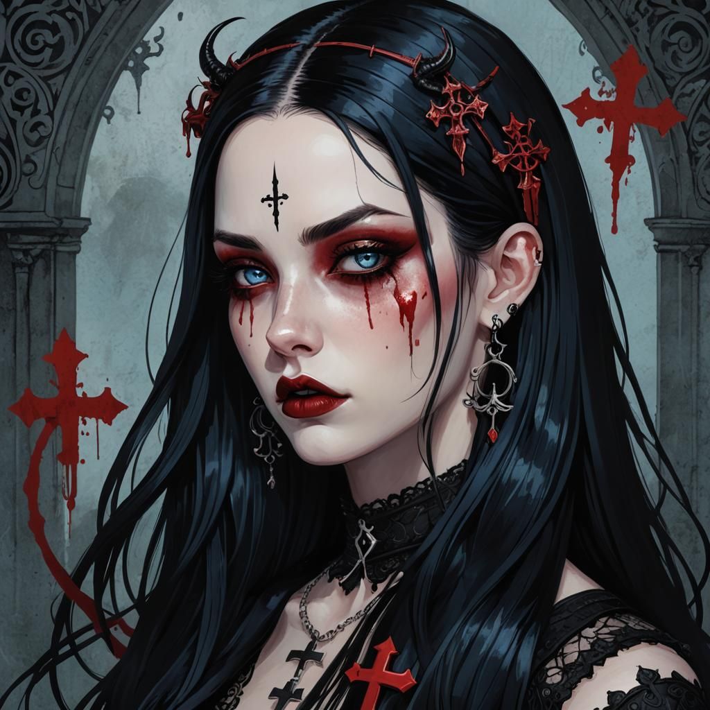 Digital illustration featuring a young woman with a gothic aesthetic ...