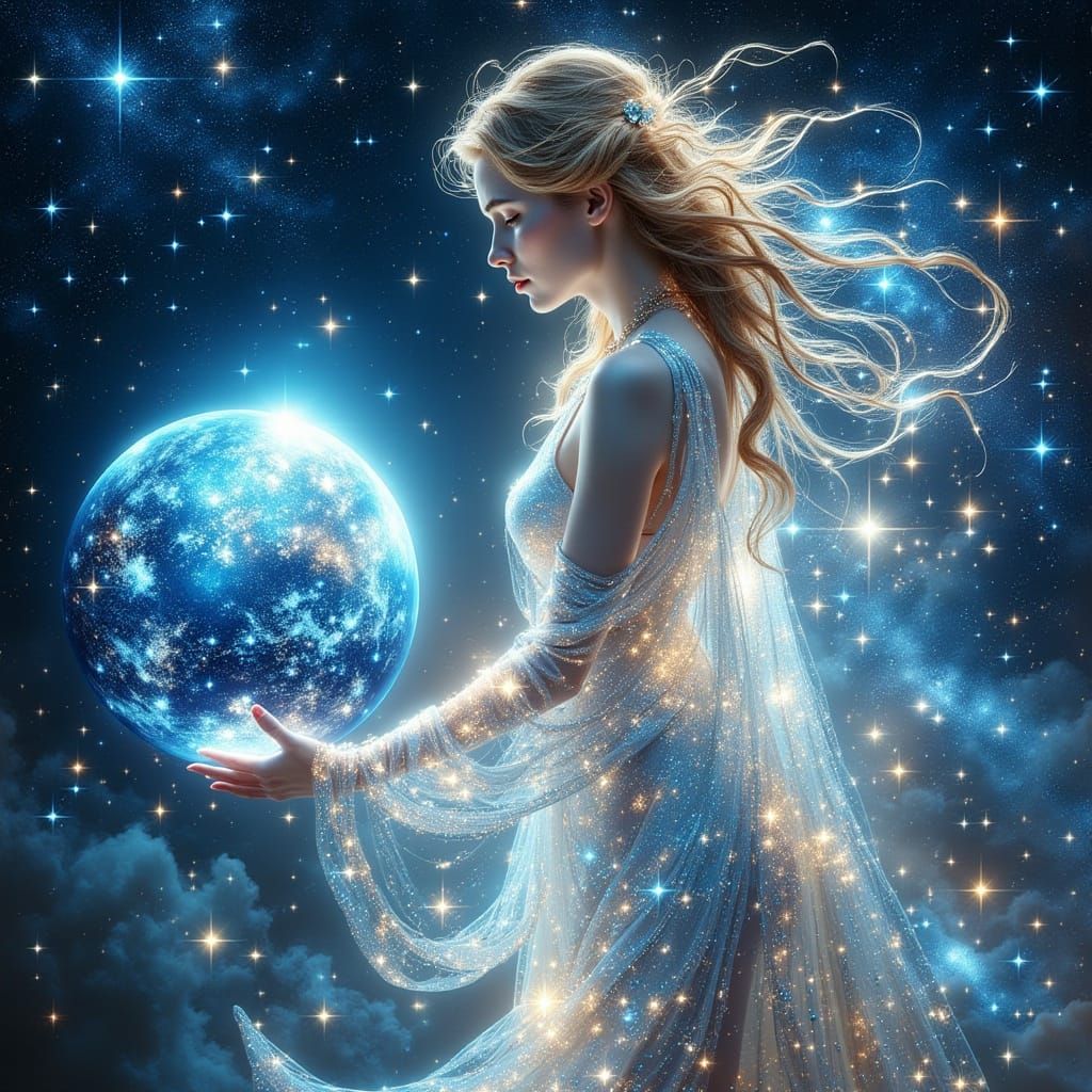 <lora:Exquisite Flux:1.0> Mythological scene: a majestic goddess of the starry sky, wearing a transparent cloak woven from shining stars, ne...