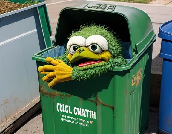 Oscar the grouch inside a dumpster.