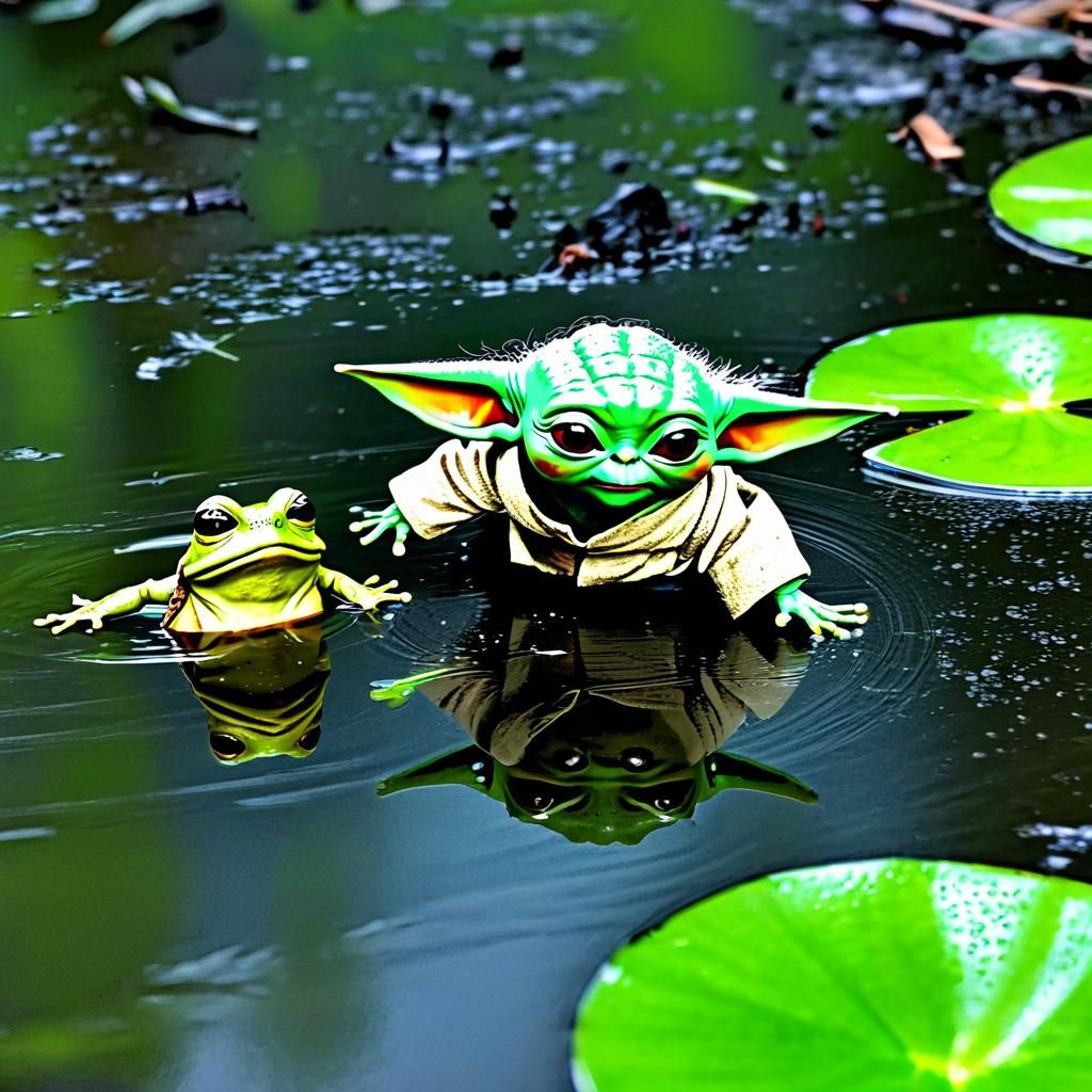 Baby Yoda chasing a frog
