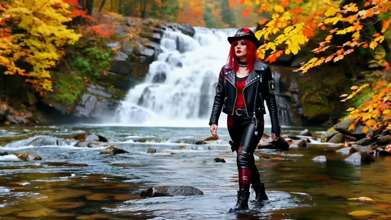 STEAMPUNK HARLEY QUINN WALKING IN A AUTUMNAL RIVER WITH WATERFALL