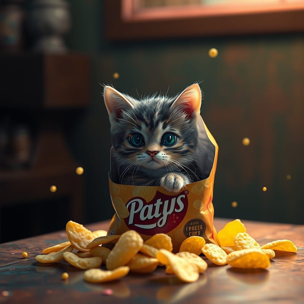 Kitten in Potato Chip Bag: Detailed Matte Painting