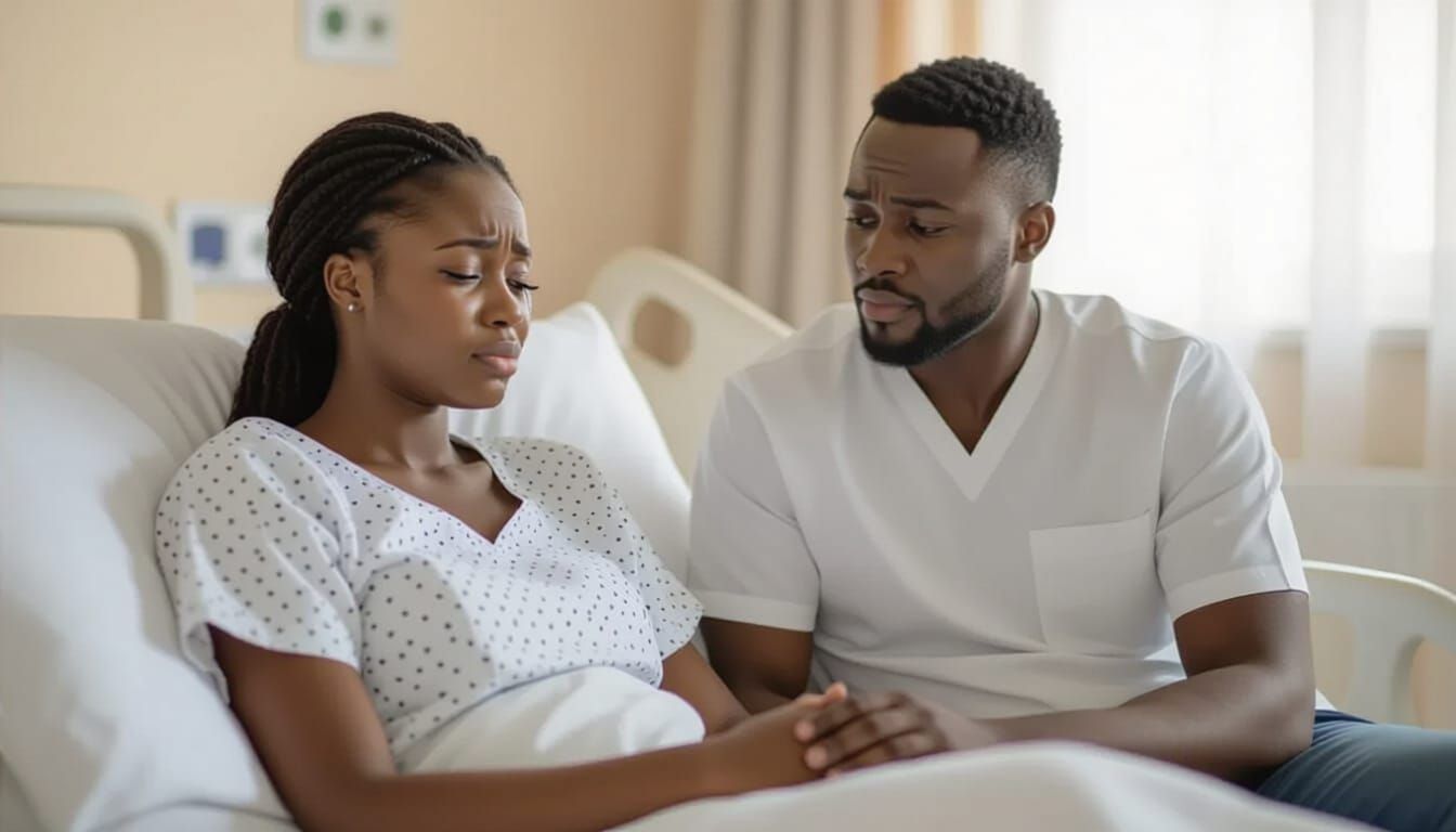 Emotional hospital living room scene, realistic style. Chinenye, 18-year-old Nigerian woman, lying on a couch, thin, weak, trembling, tears ...
