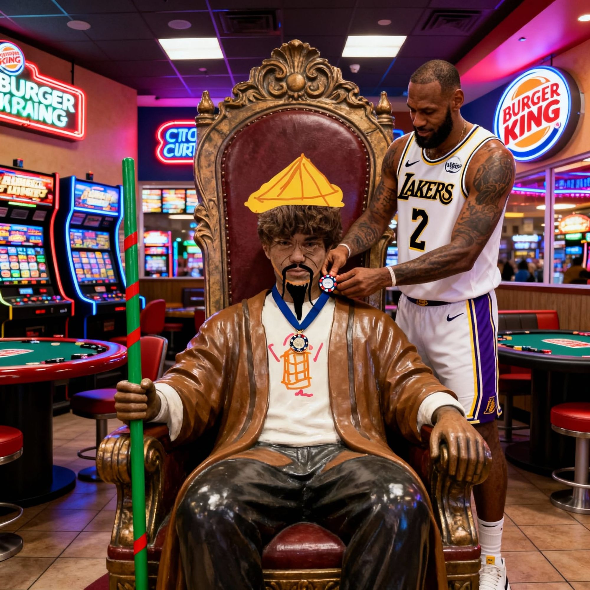 make the guy in the thrones cone hat photorealistic instead of a drawing. it should look like a traditional chinese or vietnamese cone hat. ... - Start Image 2