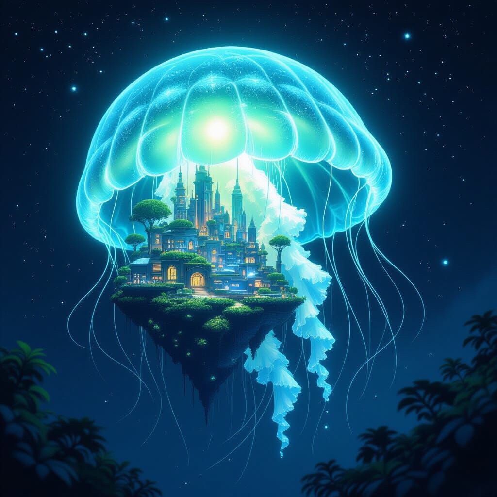 A bioluminescent jellyfish floats through the inky blackness of space, its bell pulsating with soft, ethereal light. Inside the jellyfish, a...