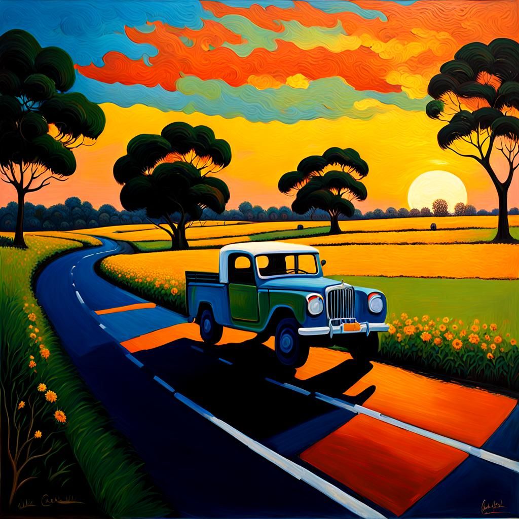 Uma carreta 1970 de cor azul metálico está em uma estrada ao...