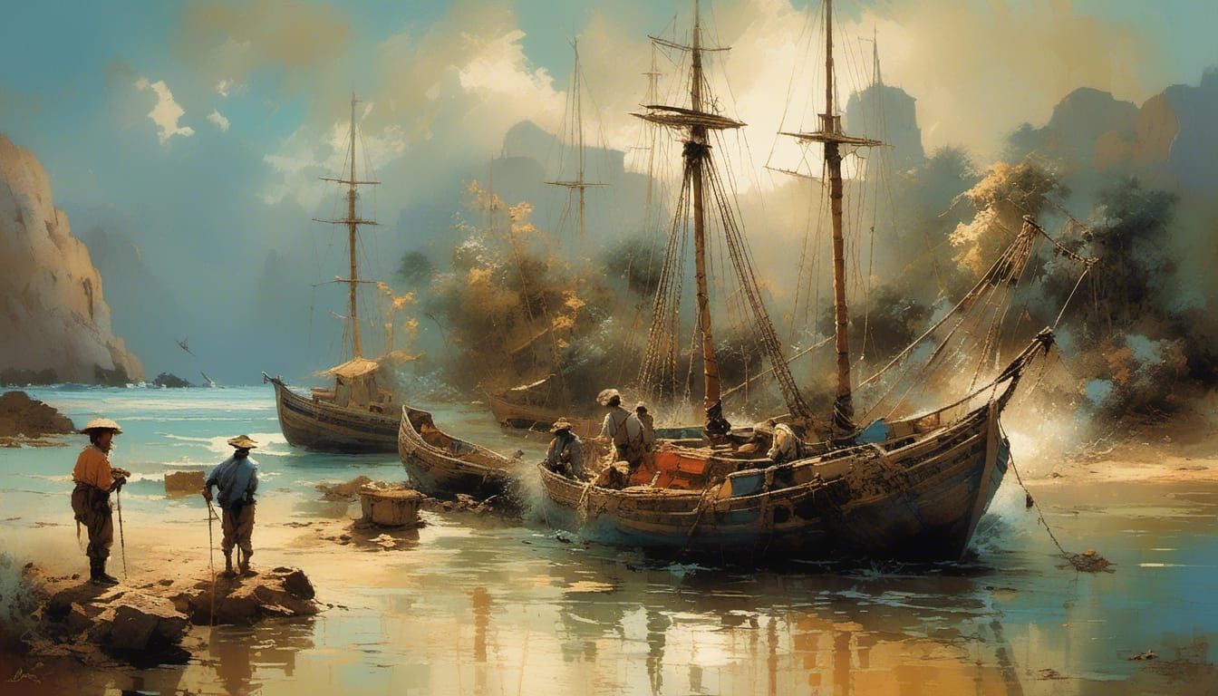 Vintage Masterpiece Art-1700's Sailing Fishing Boat Serene T...