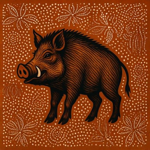 A wild pig drawn in the style of Australian Aboriginal art 