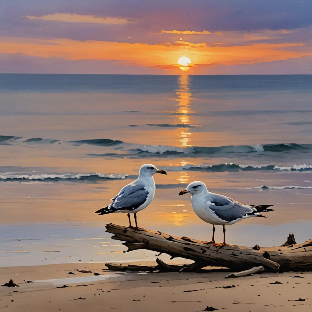 A seagull on a piece of driftwood on the beach framed by a s...